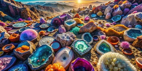 Obraz premium Overhead drone shot unveils breathtaking crystal caves and mineral collections, showcasing nature's stunning gemstone artistry.