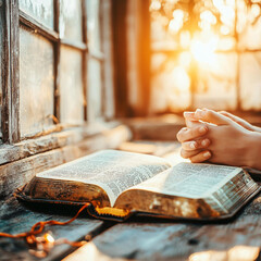 Ai-generated reflection clasped hands over an open bible cozy room spiritual moment natural light intimate viewpoint