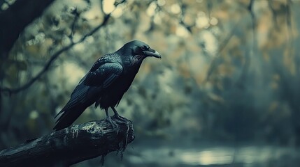 Raven perched on branch, autumn forest, misty background, nature photography for websites.
