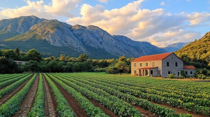 Rural farmhouse with crops, mountains, sunset.