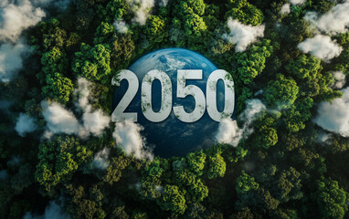 A top-down view of the Earth with "2050" written in white numbers, surrounded by lush greenery and misty clouds. The number is large and prominent against the natural background,
