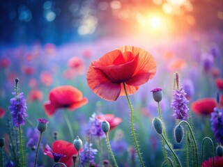 Fototapeta premium Pastel poppies create a dreamy summer scene, perfect for a soft floral background.