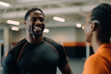 Personal trainer smiles while talking to his client in the gym