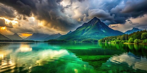 Obraz premium Peaceful waters reflect a cloudy sky, mountains rising majestically in a nature photograph.