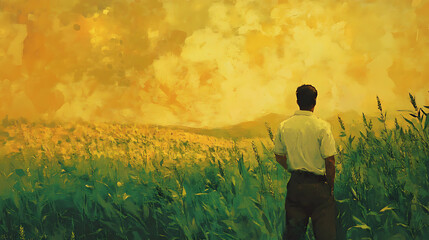 Fototapeta premium A farmer observing the growth of crops, nature’s feedback visible in vibrant greens and golds4