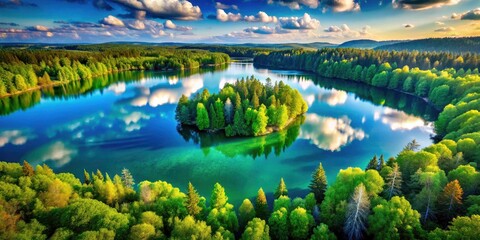 Fototapeta premium Peaceful landscape captured from above: a serene lake's calm waters in a high-resolution drone photograph.