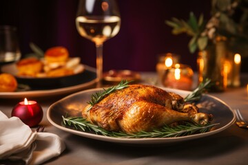 Rosemary garnished roasted chicken is centerpiece of festive holiday meal, creating warm, inviting atmosphere