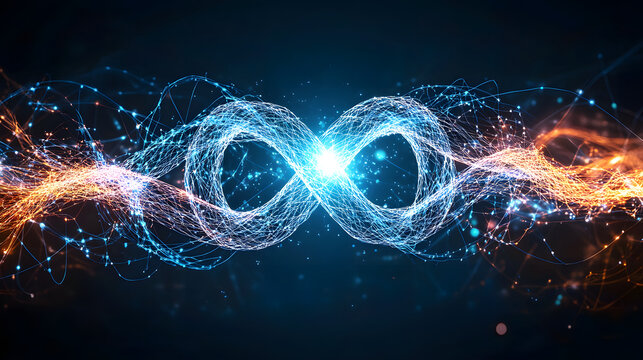 vibrant artistic illustration of glowing love knot symbolizing infinity, with bright blue and orange light trails