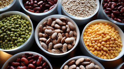 Fototapeta premium A varied selection of different types of beans and legumes such as kidney lentil chickpea and pinto arranged in small bowls for a healthy plant based cooking or recipe concept
