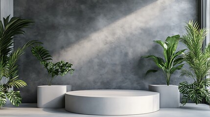 Gray cement wall and podium provide sleek, minimalist product stage