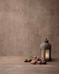 Ramadan and Holiday Decor Rustic Wooden Background with Lanterns and Dates for Festive Ambiance