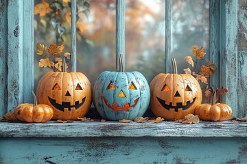 A cozy autumn scene featuring carved pumpkins on a window sill, celebrating Halloween with vibrant fall decor.