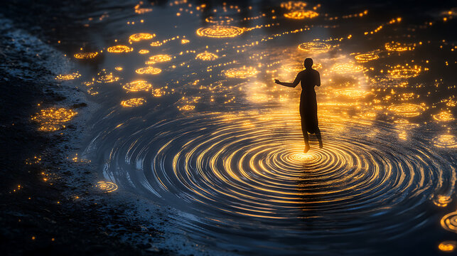 A figure throwing glowing stones into a pond, the ripples forming feedback patterns. (1)