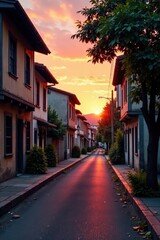 Fototapeta premium Street at sunset with old buildings and trees , landscape, cityscape