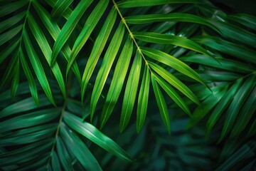 closeup nature view of green leaf and palms background. Flat lay  dark nature concept  tropical leaf