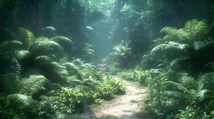 Fototapeta premium Lush green forest path bathed in sunlight, a tranquil and serene nature scene