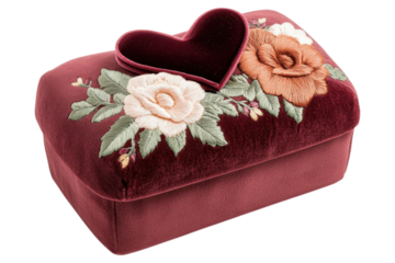 Luxurious maroon velvet gift box with floral embroidery and heart shape