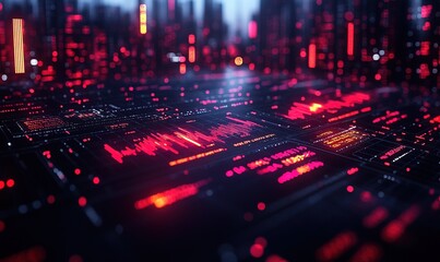 Obraz premium A futuristic digital landscape showcasing vibrant data visualizations and patterns, emphasizing technology and information flow.