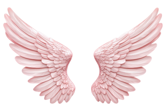 Translucent pink angel wings with intricate feather details, symbolizing beauty and grace