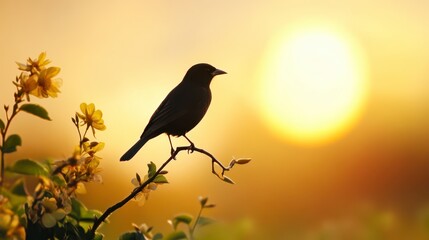Fototapeta premium Silhouette of a bird on a branch against a softly glowing rainbow backdrop, vibrant colors, serene nature scene.