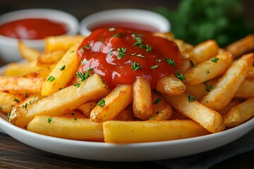 Crispy French Fries with Ketchup Garnished with Herbs on a Plate