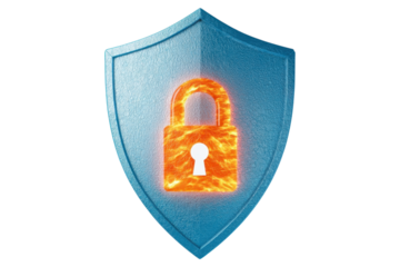 Blue shield with fiery orange padlock symbolizing security and protection