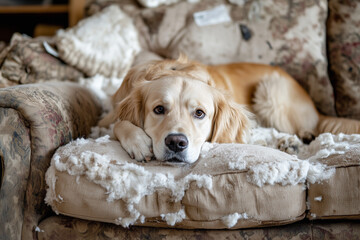 A dog is lying on an old, worn-out sofa with white fur all over it and has destroyed the cushion. The couch looks dirty but charming