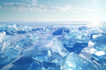 Winter background with blue ice fragments on Lake Baikal. Cold environment.