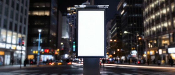 Blank city format Billboard (LightPoster, CityLight) banner pylon in in the city center mock-up at night. Blurred background, copy space
