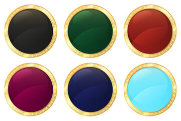 Set of Golden Buttons with Colorful Backgrounds, Collection, Badge, Lable, Emblem, Frame, Golden Gradient, Vector Illustration