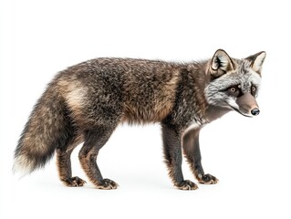 Obraz premium Silver fox standing, isolated on white background; wildlife photography for websites, prints.