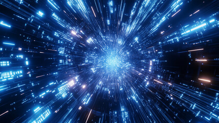 Naklejka premium 放射状に広がる青い光とデータの流れを表現する回路基板