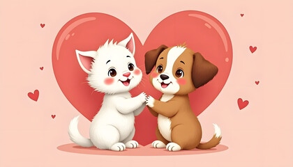 Fototapeta premium Vector image of a cute kitten and puppy holding their paws on the background of a big heart.