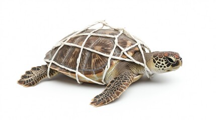 A turtle wrapped in white netting, symbolizing environmental issues and the impact of human activities on marine life.