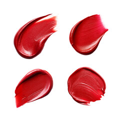 Red lipstick smear smudge swatch isolated on transparent background, cream makeup texture, color cosmetic product brush stroke swipe close up.	
