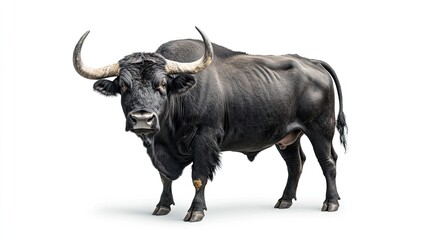 Fototapeta premium Powerful black yak stands isolated, white background; livestock farming image.