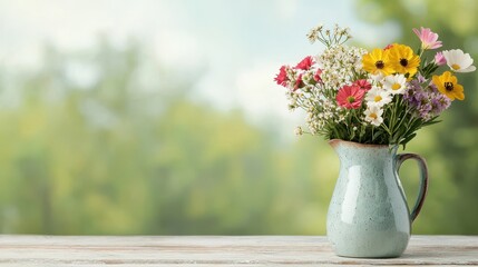 A vibrant bouquet of wildflowers is arranged in a vintage pitcher, resting on a rustic wooden table against a soft, natural background.