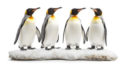 Fototapeta premium Four adorable penguins standing together on a snowy surface, showcasing their unique features and social nature in a charming display.