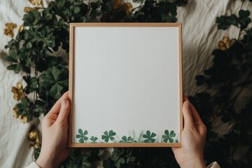 Minimalist Shamrock Artwork with Wooden Frame Held by Hands