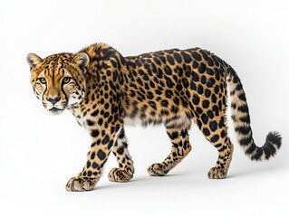Fototapeta premium Cheetah walking, white background, wildlife photography, zoo animal.