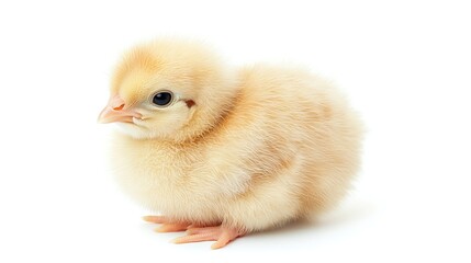 Obraz premium Cute fluffy yellow chick on white background; perfect for spring themes.