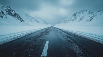 Snowy mountain road disappearing into foggy distance.