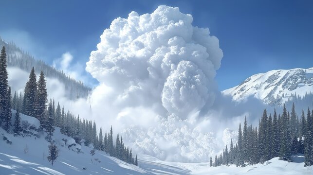 Massive snow avalanche explodes from mountainside. Huge white cloud of snow powder fills air. Trees, snowy landscape impacted by forceful winter storm. Mountain range, forest covered in snow.
