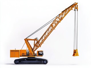 Large orange crane on tracks, construction site, against white background, for industrial use.