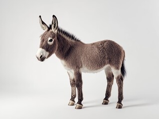 Fototapeta premium Young donkey studio portrait, light background, farm animal.