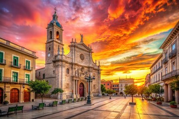 Naklejka premium Surreal sunset hues bathe Valladolid's University Square, the Cathedral a majestic silhouette.