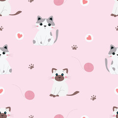Siamese and Scottish cats, yarn balls, cat footprints, hearts on a bright pink background.Vector seamless pattern