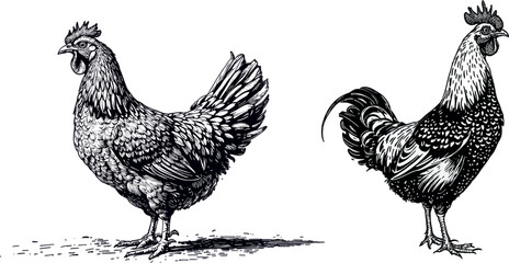 Hand-drawn vintage engraving-style illustration of a chicken in line work