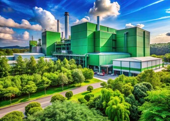 Obraz premium Sustainable manufacturing thrives in our modern, tree-lined green factory, powered by clean energy within an eco-friendly industrial park.