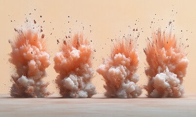 A series of explosive bursts creating clouds of dust and debris, showcasing dynamic motion and texture.
